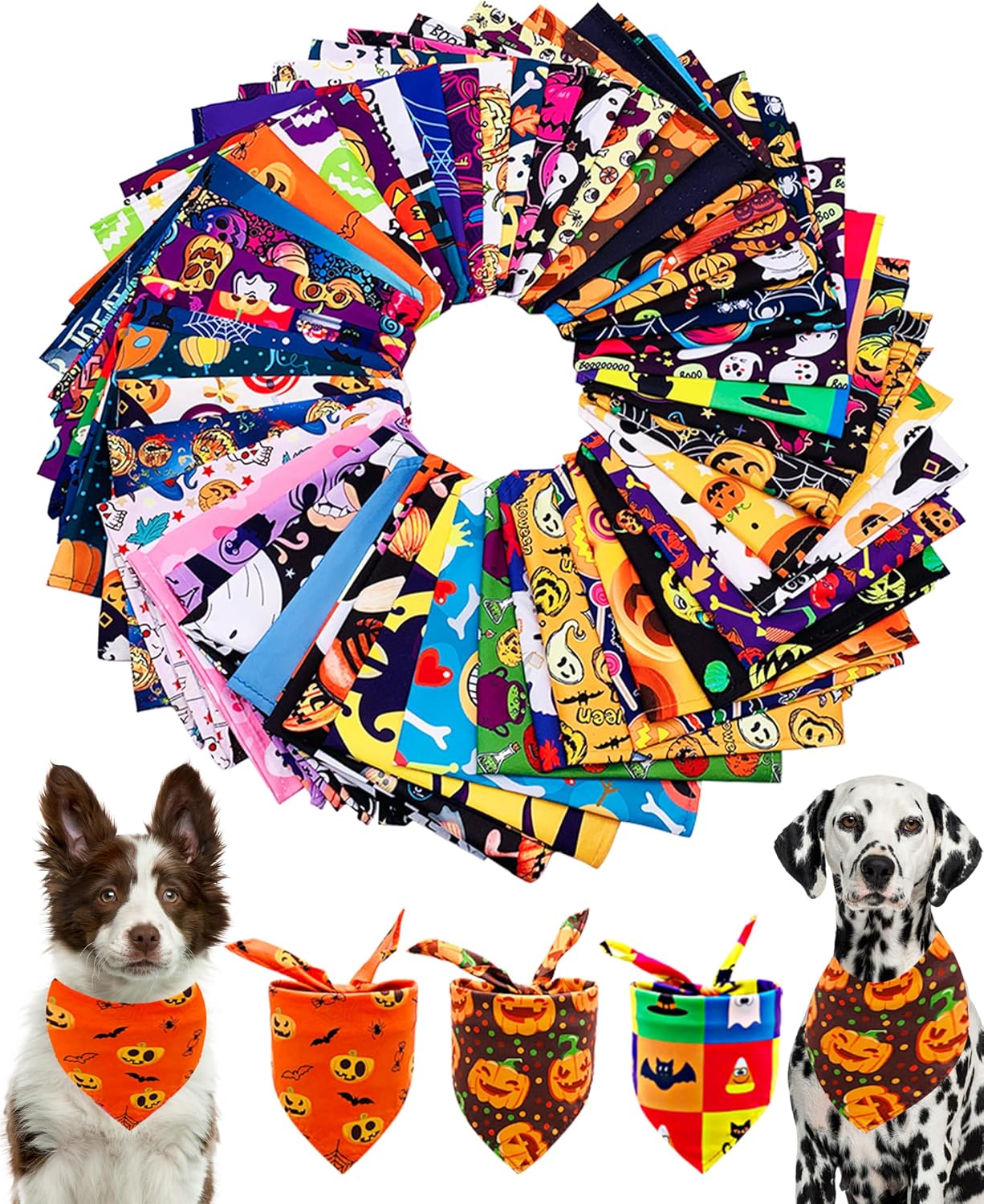 50 Pack Halloween Dog Bandanas Bulk for Large Dogs | Washable triangle bibs scarves,polyester,for medium pets,holiday birthday party grooming accessories
