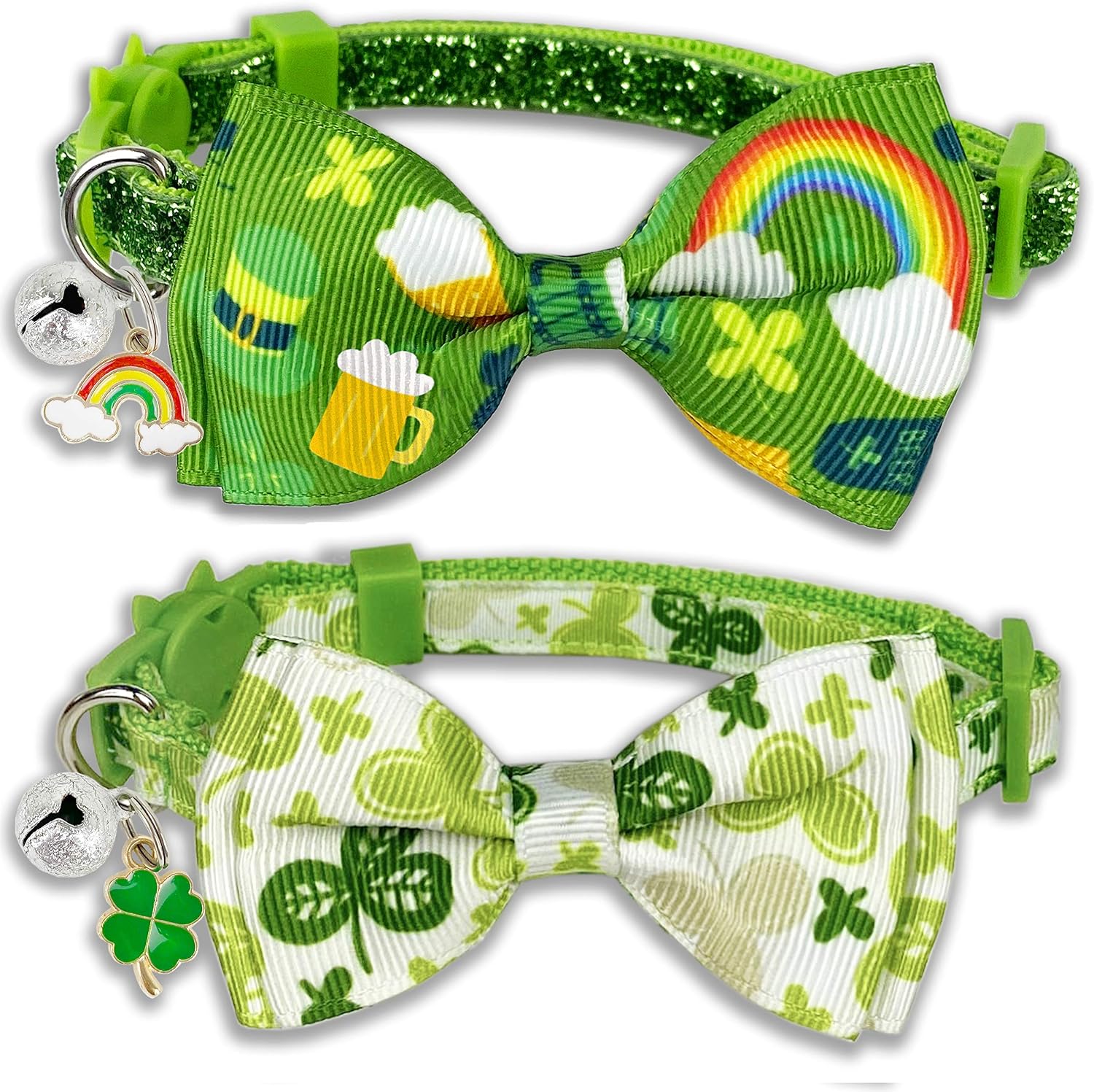 2 pack St. Patrick's cat collar with bow tie and bell, kitty kitten breakaway lucky Irish shamrock collar for girls and boys male female cats (the lucky one)