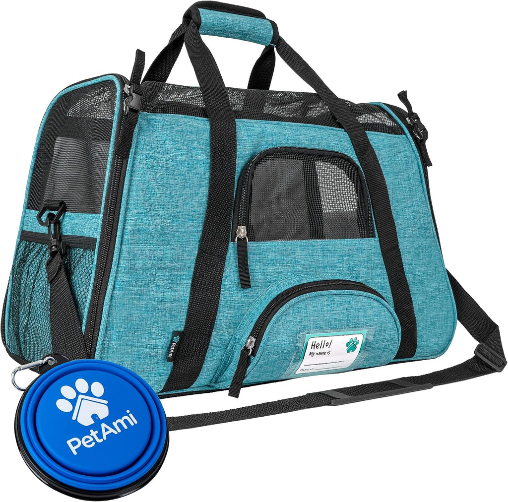 Airline Approved Pet Carrier for Cats & Small Dogs, Soft Sided TSA Travel Carrier Bag Sherpa Bed, Breathable Mesh Ventilation, Collapsible Bowl, Fit Under Seat, Up to 18 lbs, Large Heather Blue