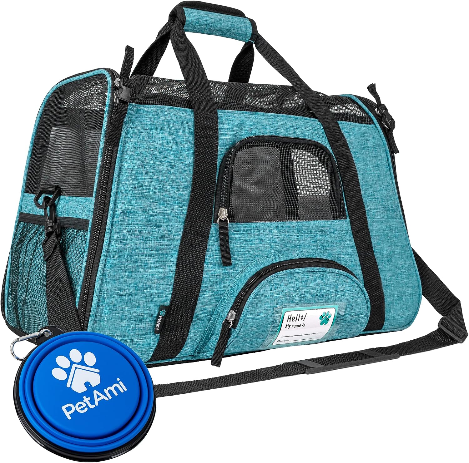 Airline Approved Pet Carrier for Cats & Small Dogs, Soft Sided TSA Travel Carrier Bag Sherpa Bed, Breathable Mesh Ventilation, Collapsible Bowl, Fit Under Seat, Up to 18 lbs, Large Heather Blue