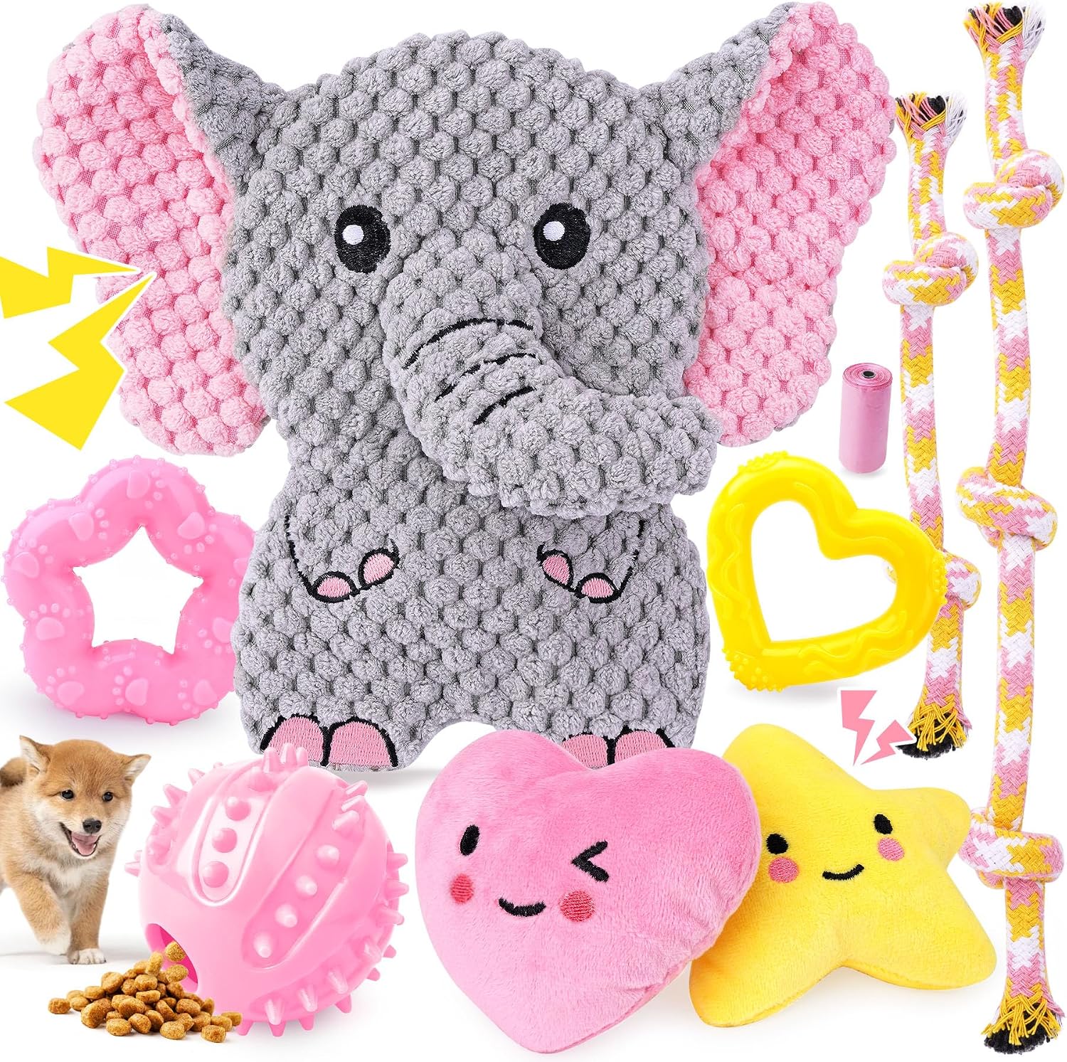 Pink Puppy Toys - 9 Pack Puppy Chew Toys for Teething, Enrichment Dog Toys for Small Dogs to Keep Them Busy, Squeaky Plush Toy for Boredom