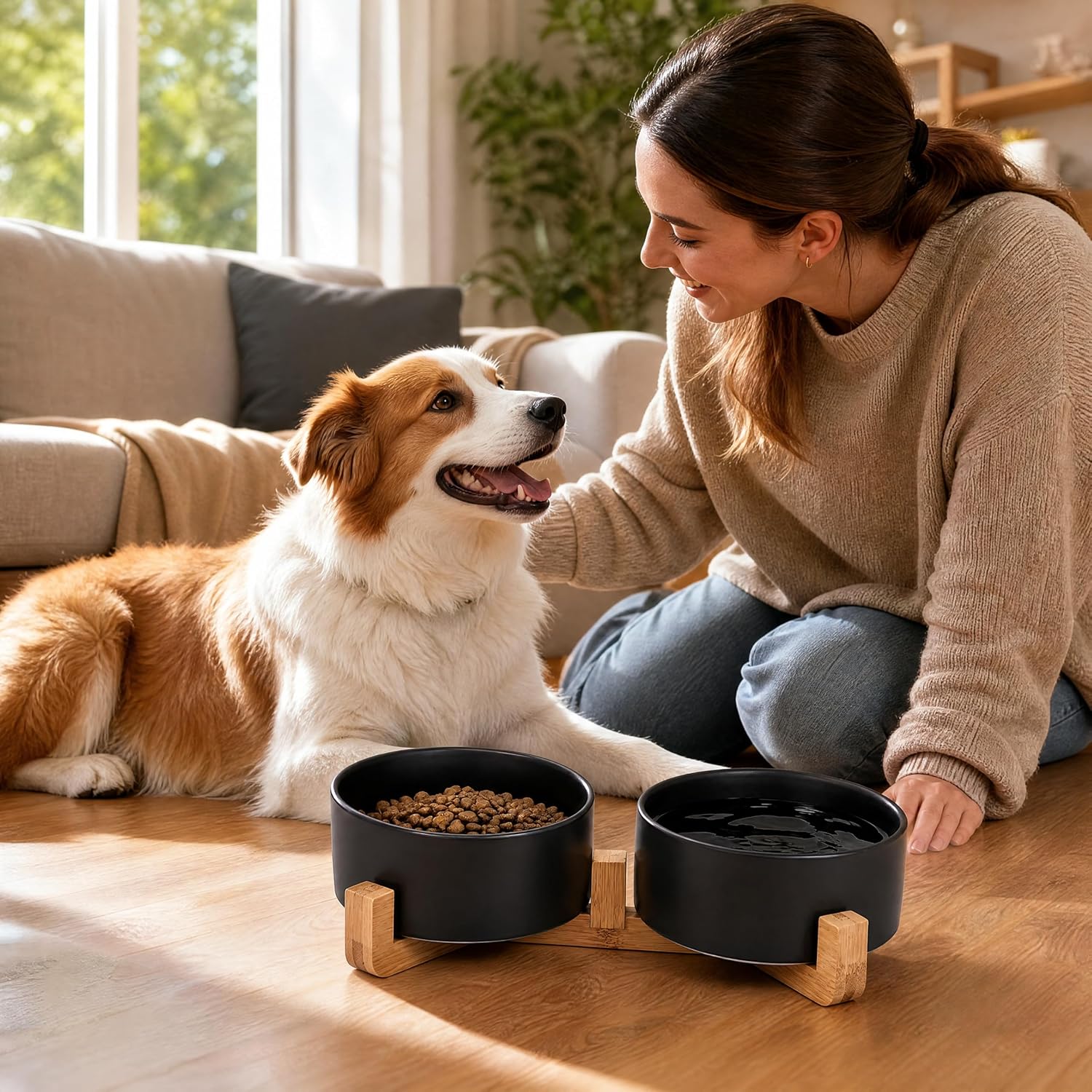 Ceramic Dog Cat Bowls Set with Stand,Black Pet Food and Water Bowl,Small Dog Bowls Cute Modern Anti Slip Set of 2 Pet Feeder Small Size Pet Dish(13.5OZ/5.1 in) - view 2