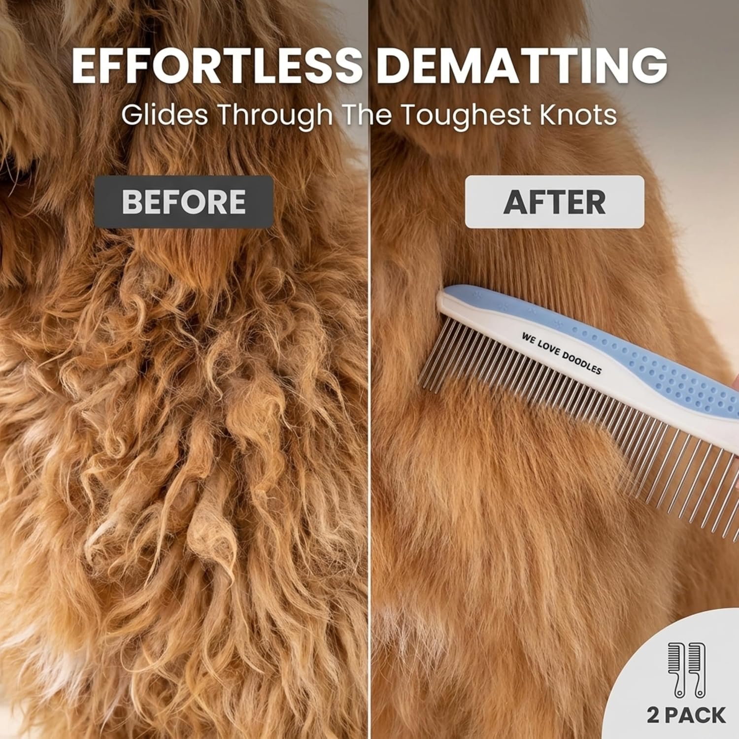 Metal Comb for Dogs, Dog Grooming Detangler Combs For Matted Hair, 2 Pack | Best Comb for Golden Doodles & Poodles, For Dematting & Detangling Pets And Cats, Fine Tooth Stainless Steel Greyhound Comb - view 6