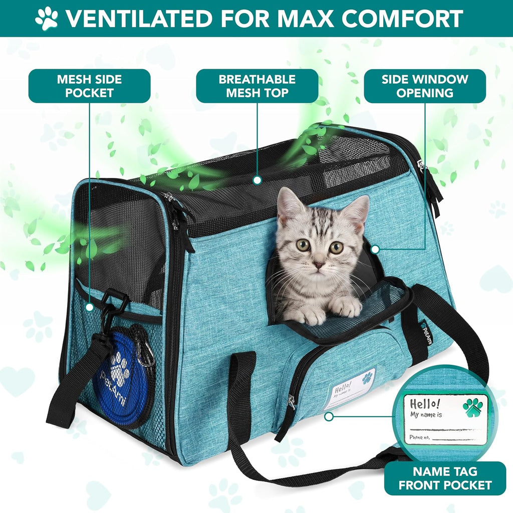 Airline Approved Pet Carrier for Cats & Small Dogs, Soft Sided TSA Travel Carrier Bag Sherpa Bed, Breathable Mesh Ventilation, Collapsible Bowl, Fit Under Seat, Up to 18 lbs, Large Heather Blue - view 3