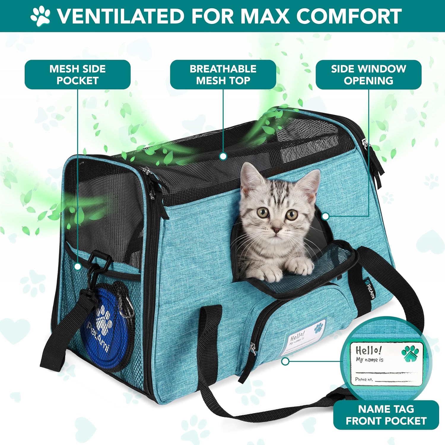 Airline Approved Pet Carrier for Cats & Small Dogs, Soft Sided TSA Travel Carrier Bag Sherpa Bed, Breathable Mesh Ventilation, Collapsible Bowl, Fit Under Seat, Up to 18 lbs, Large Heather Blue - view 3