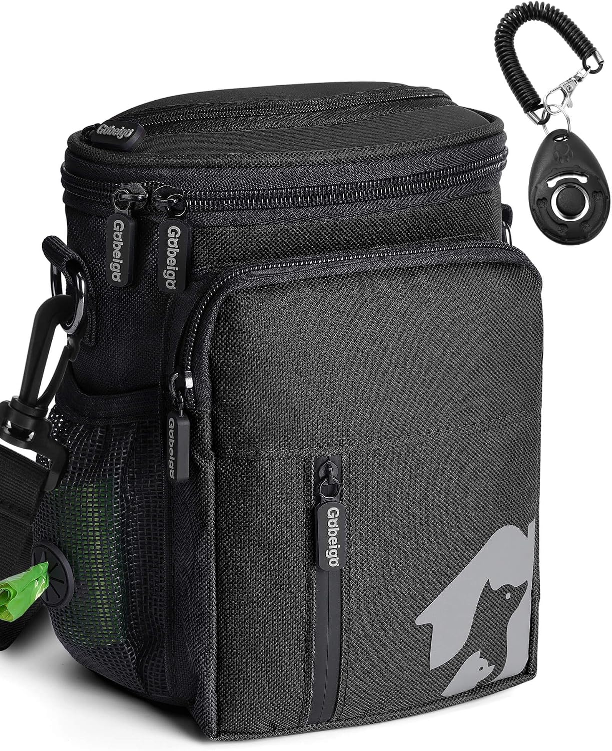 8 Cup Dog Treat Pouch with Training Clicker(Full Black) | 3 Ways to Wear/ Built-in Poop Bag Dispenser/ Zipper Front Pocket Phone Friendly Treat Bag for Pet Training & Walking