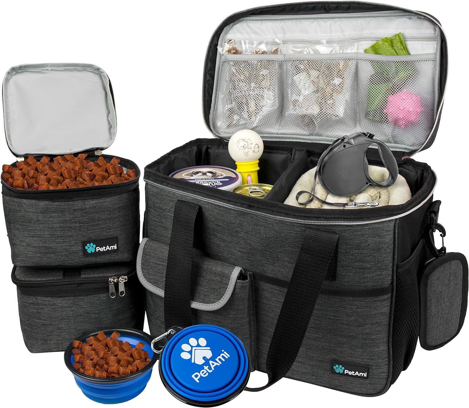 Dog Travel Bag Organizer, Pet Supplies Diaper Tote, Teal Blue Medium | Pet Travel Kit with 2 Food Containers & 2 Collapsible Dog Bowls, Luggage Sleeve, Weekend Getaway Road Trip Camping Essentials - view 5