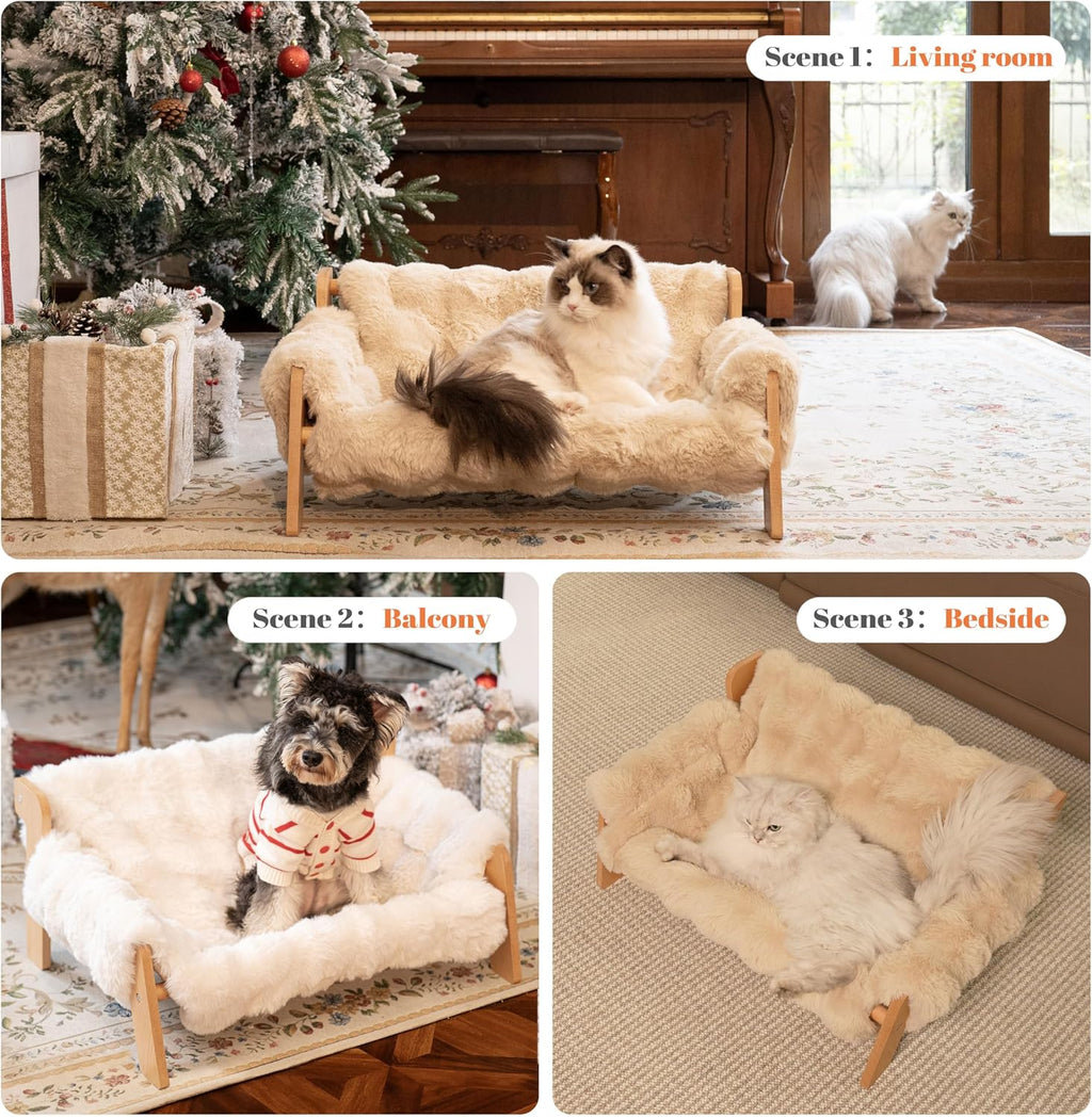 Elevated Cat Couch Bed Wooden Raised Kitty Sofa Lounge Chair | Washable Fluffy Cover Wooden Elevated Pet Furniture for Indoor Cats and Puppy(White) - view 6