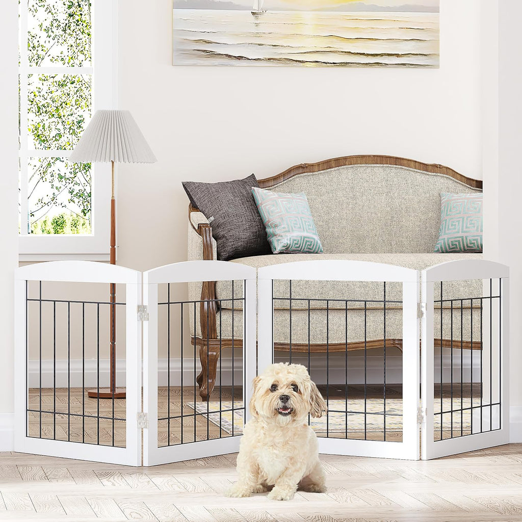 Free Standing Dog Gates for Doorway, Stair, Indoor, Foldable, 24" H | Wooden Small Puppy Pet Gate, Step Over Fence for the House, 60" Wide, Front Door, Kitchen, Living Room, 3 Panels,White - view 6