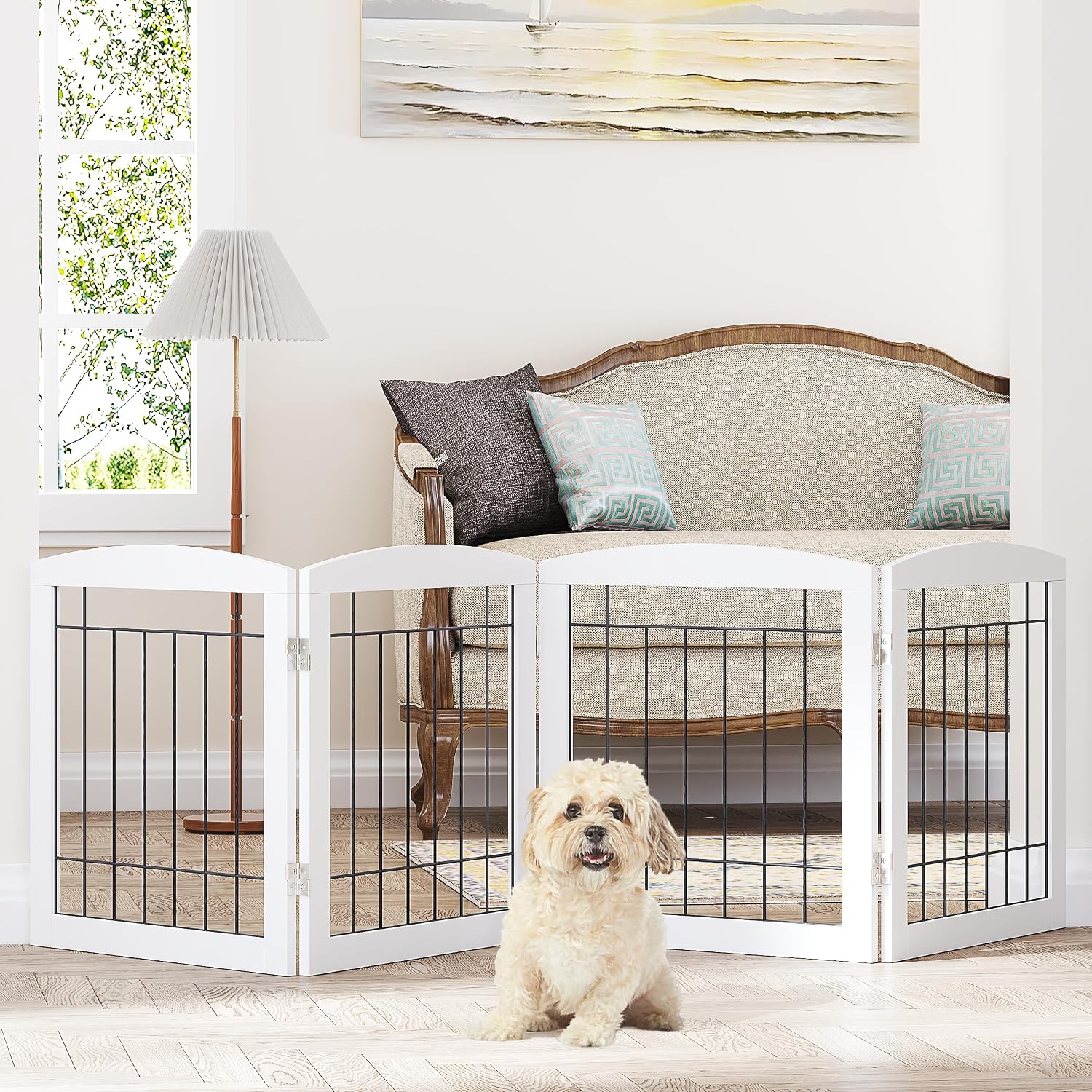 Free Standing Dog Gates for Doorway, Stair, Indoor, Foldable, 24" H | Wooden Small Puppy Pet Gate, Step Over Fence for the House, 60" Wide, Front Door, Kitchen, Living Room, 3 Panels,White - view 6