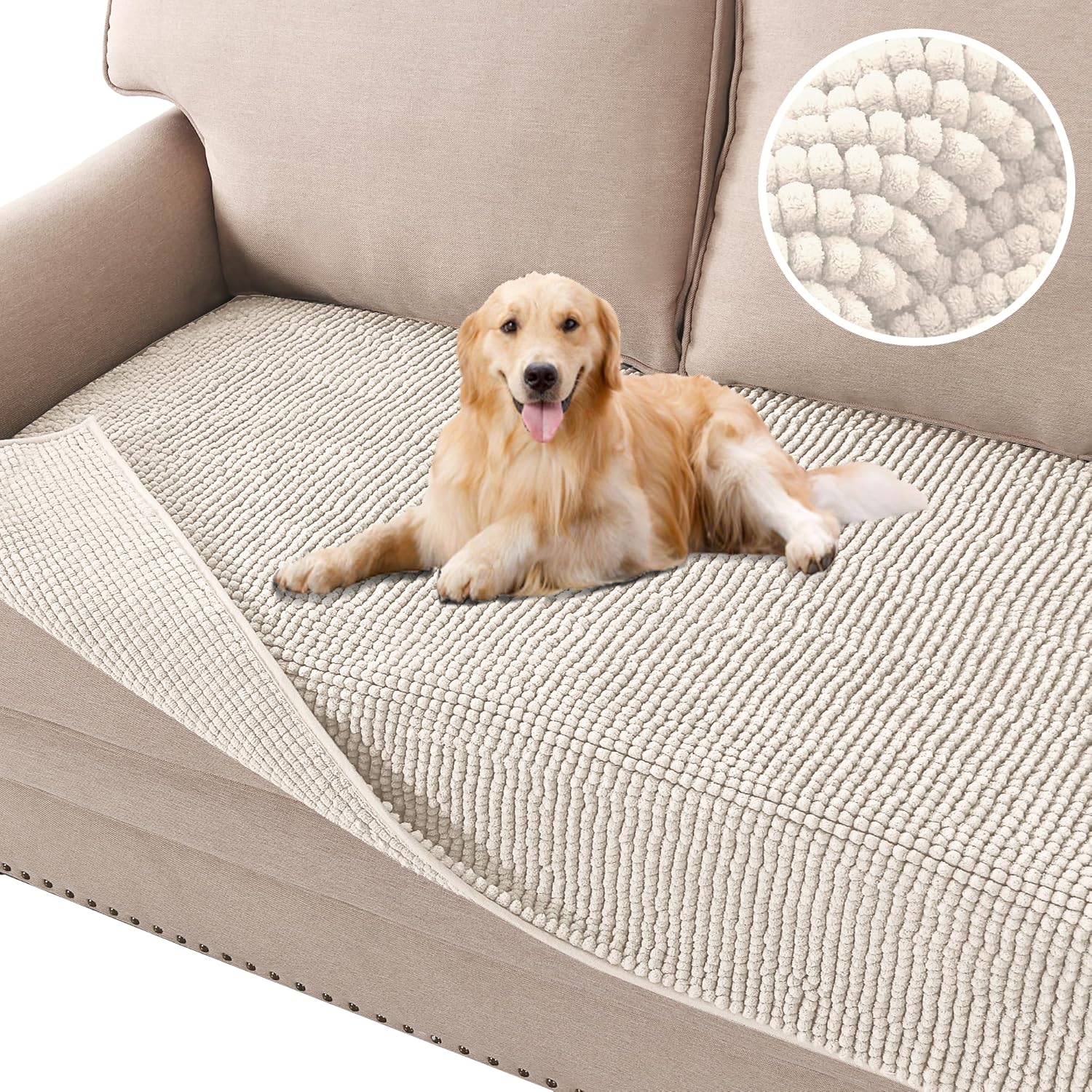 Plush Chenille Dog Bed Cover Thick Soft Sofa Cover for 3 Cushion Couch Anti Slip Couch Cover Furniture Protector for Dog, Pet, Cat (35" x 82", Ivory)