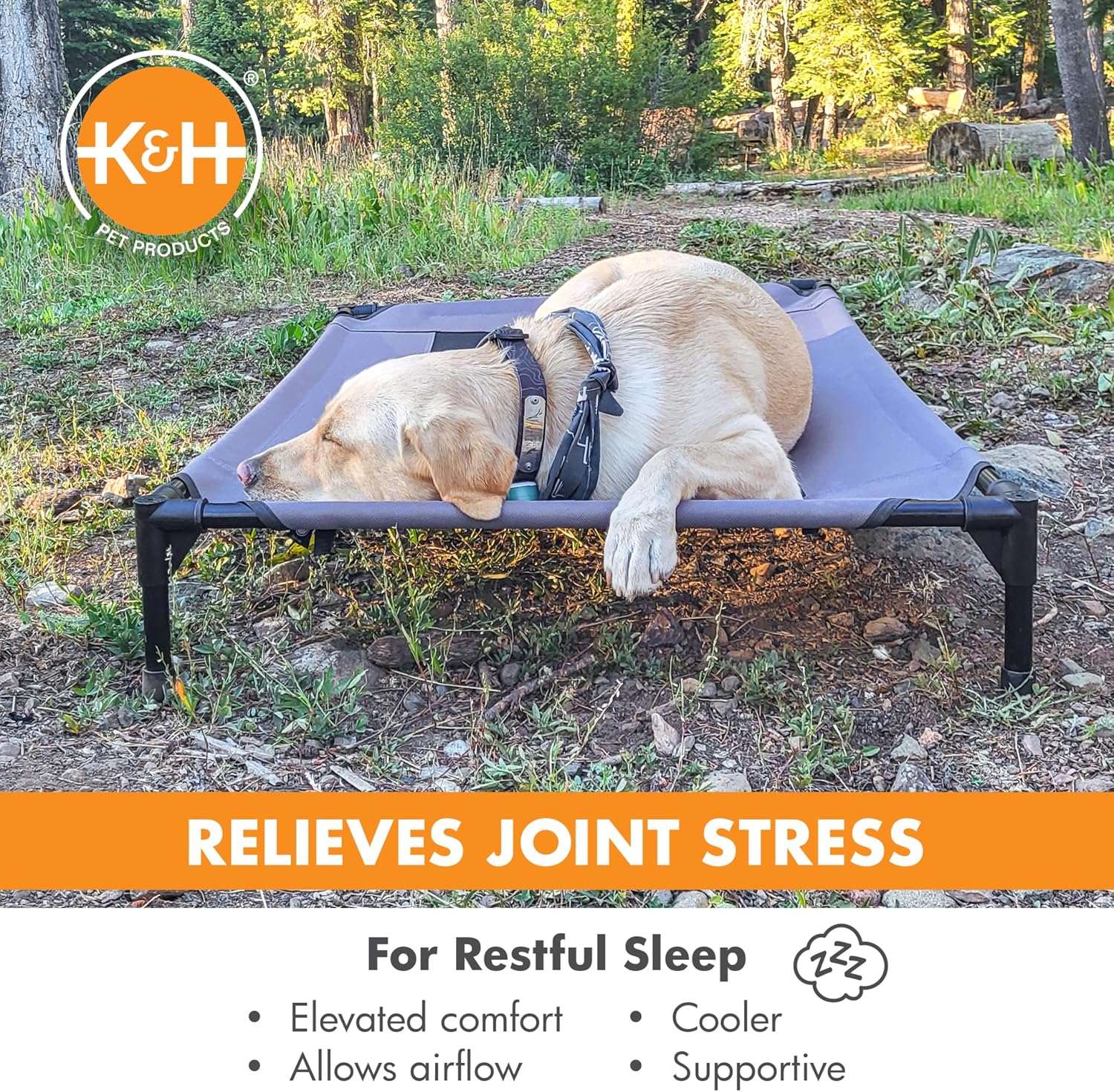 Outdoor elevated dog bed - cooling raised dog bed for medium & large pets, breathable mesh center hammock design, indoor/outdoor washable cover, portable metal frame, gray, large 42x30in - view 5