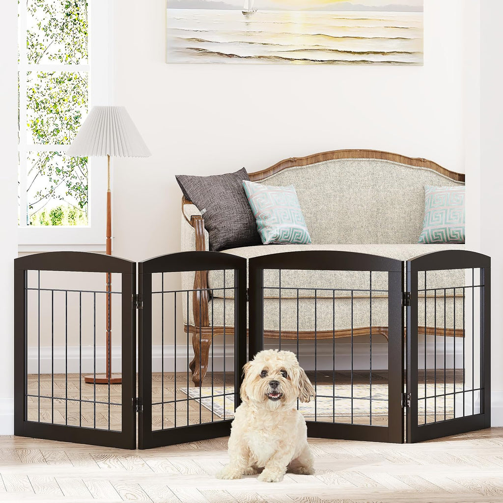 Free Standing Dog Gates for Doorway, Stair, Indoor, Foldable, 24" H | Wooden Small Puppy Pet Gate, Step Over Fence for the House, 60" Wide, Front Door, Kitchen, Living Room, 3 Panels,White - view 2
