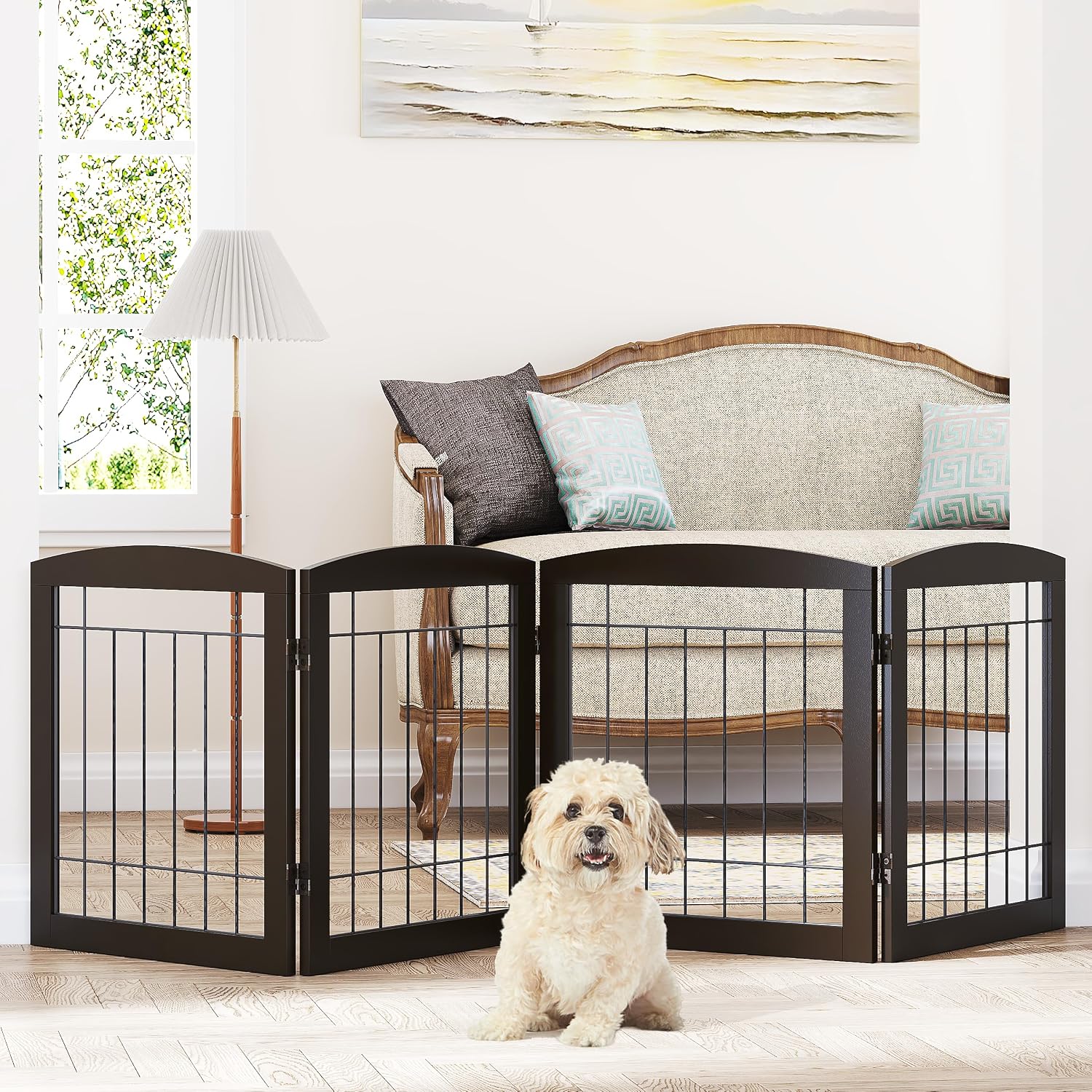 Free Standing Dog Gates for Doorway, Stair, Indoor, Foldable, 24" H | Wooden Small Puppy Pet Gate, Step Over Fence for the House, 60" Wide, Front Door, Kitchen, Living Room, 3 Panels,White - view 2