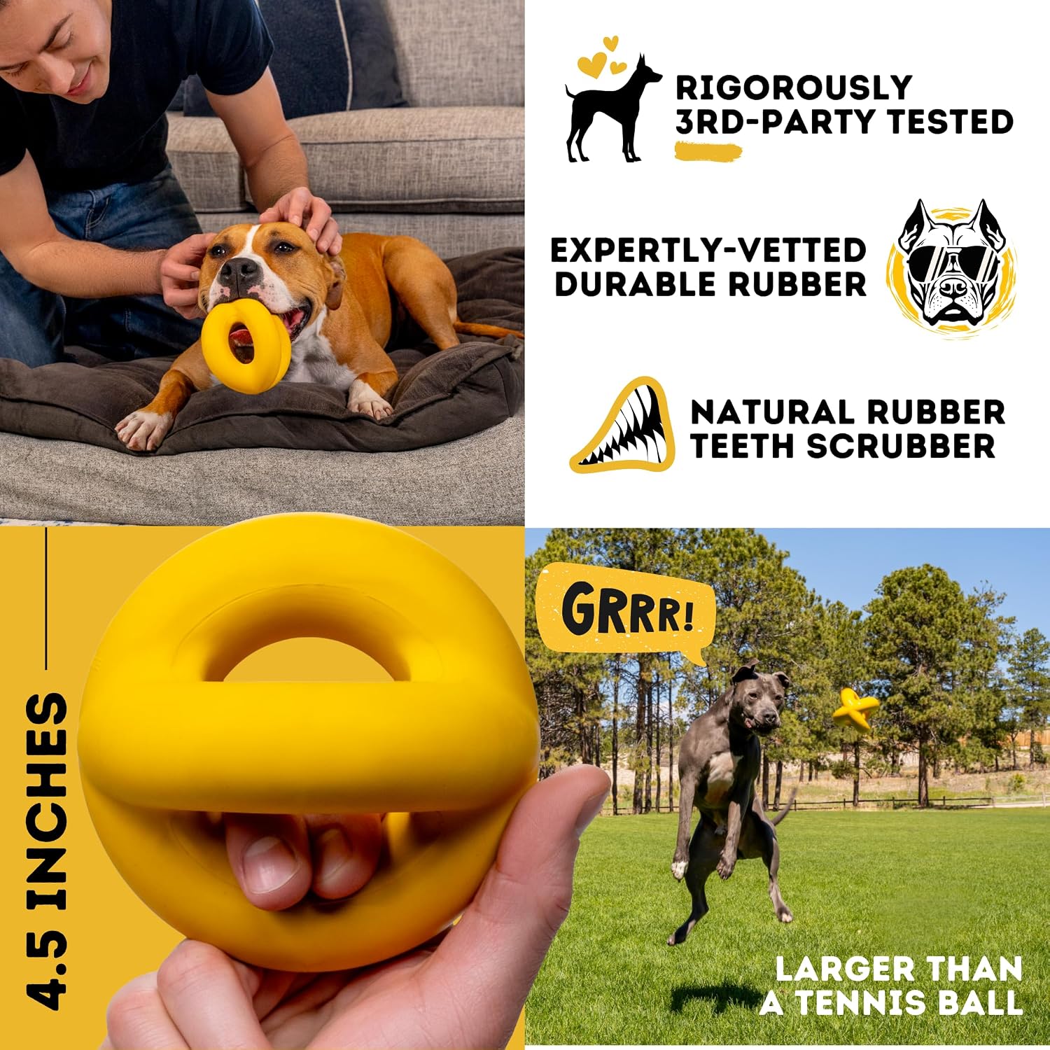 Indestructible dog ball - lifetime replacement - durable dog toy for aggressive chewers - safe, non-toxic natural rubber - chew, tug & fetch - tough, heavy duty chew toy - 4" (softball size) - view 5