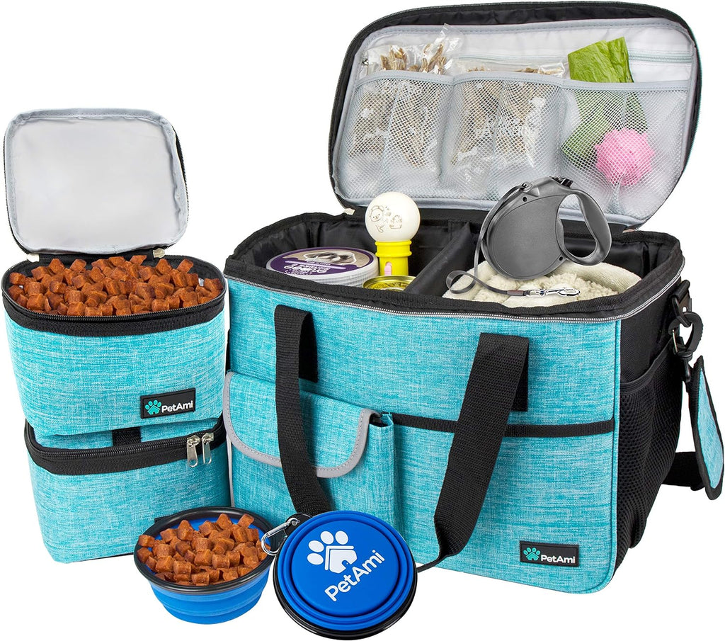 Dog Travel Bag Organizer, Pet Supplies Diaper Tote, Teal Blue Medium | Pet Travel Kit with 2 Food Containers & 2 Collapsible Dog Bowls, Luggage Sleeve, Weekend Getaway Road Trip Camping Essentials