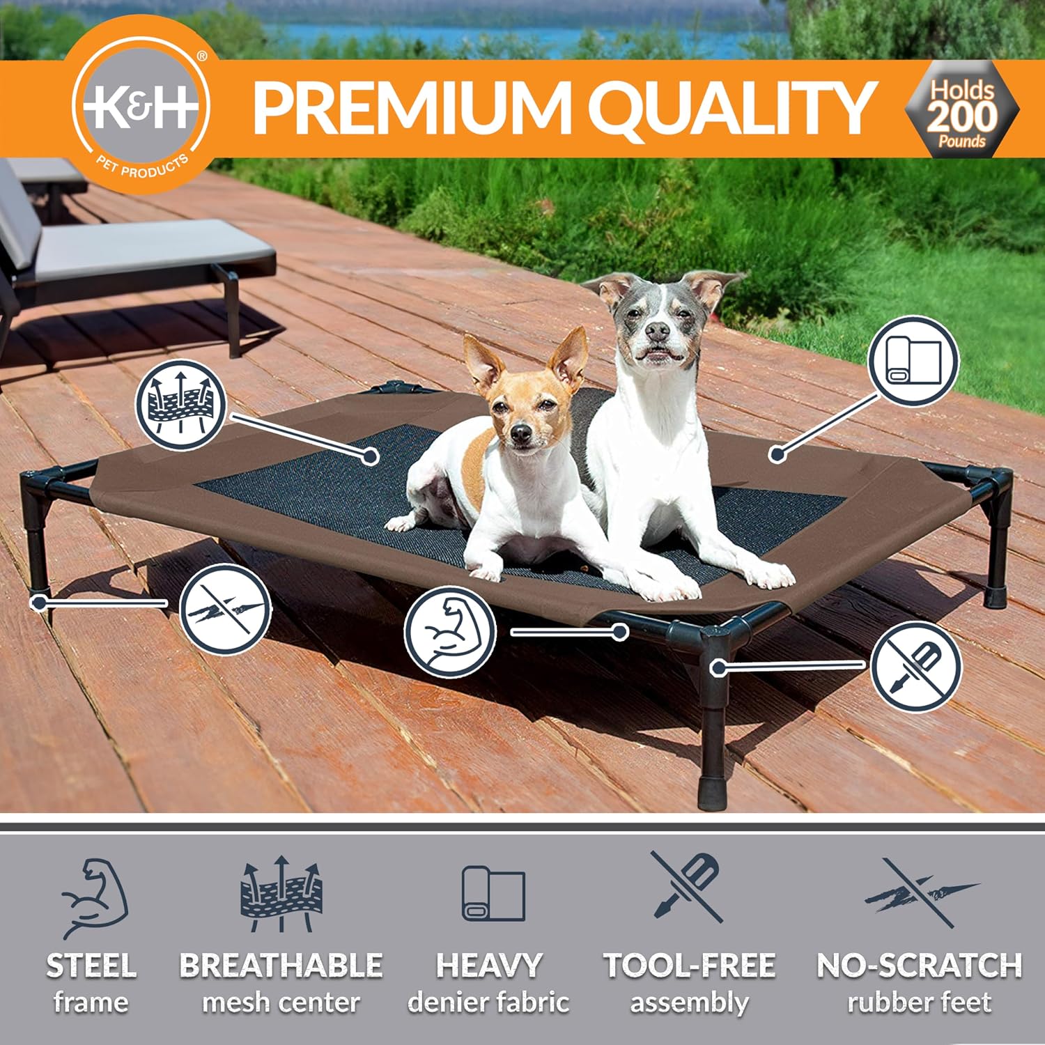 Outdoor elevated dog bed - cooling raised dog bed for medium & large pets, breathable mesh center hammock design, indoor/outdoor washable cover, portable metal frame, chocolate, large 42x30in - view 2