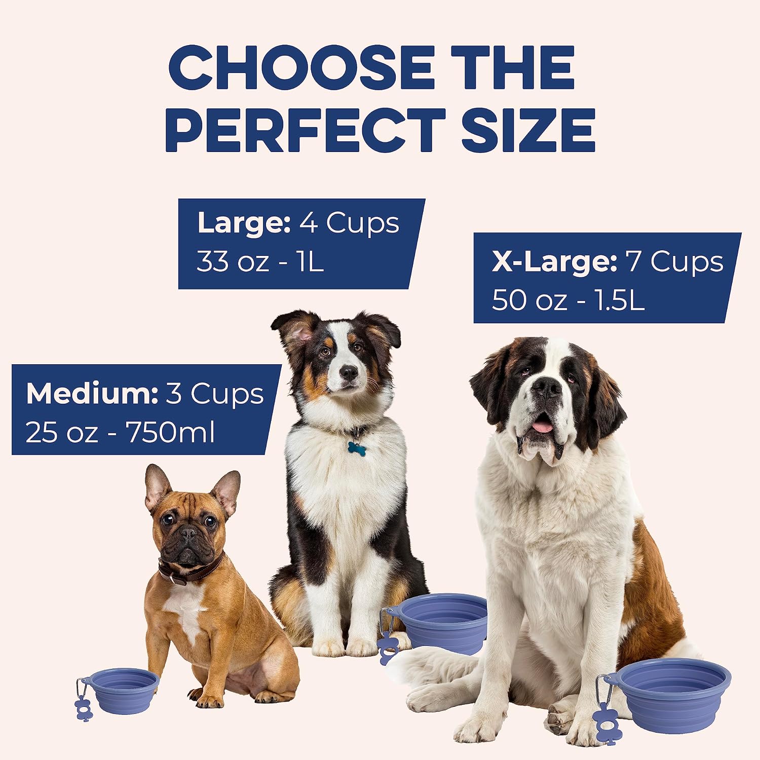 Collapsible Dog Water Bowl - BPA-Free Silicone Dog Dish - Reinforced Rim Collapsible Bowl - Carabiner Clip Travel Dishes for Pets - for Hiking, Camping & Car Trips - Large 33 Oz, Navy Blue - view 3