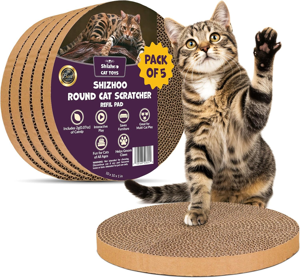 Scratch and spin cat scratcher replacement pads for active play, natural recycled corrugated cardboard, supports pet behaviors, relieves stress - 5 count
