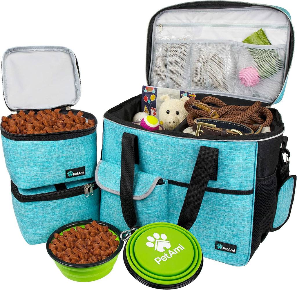 Dog Travel Bag Organizer, Pet Supplies Diaper Tote, Teal Blue Medium | Pet Travel Kit with 2 Food Containers & 2 Collapsible Dog Bowls, Luggage Sleeve, Weekend Getaway Road Trip Camping Essentials - view 2