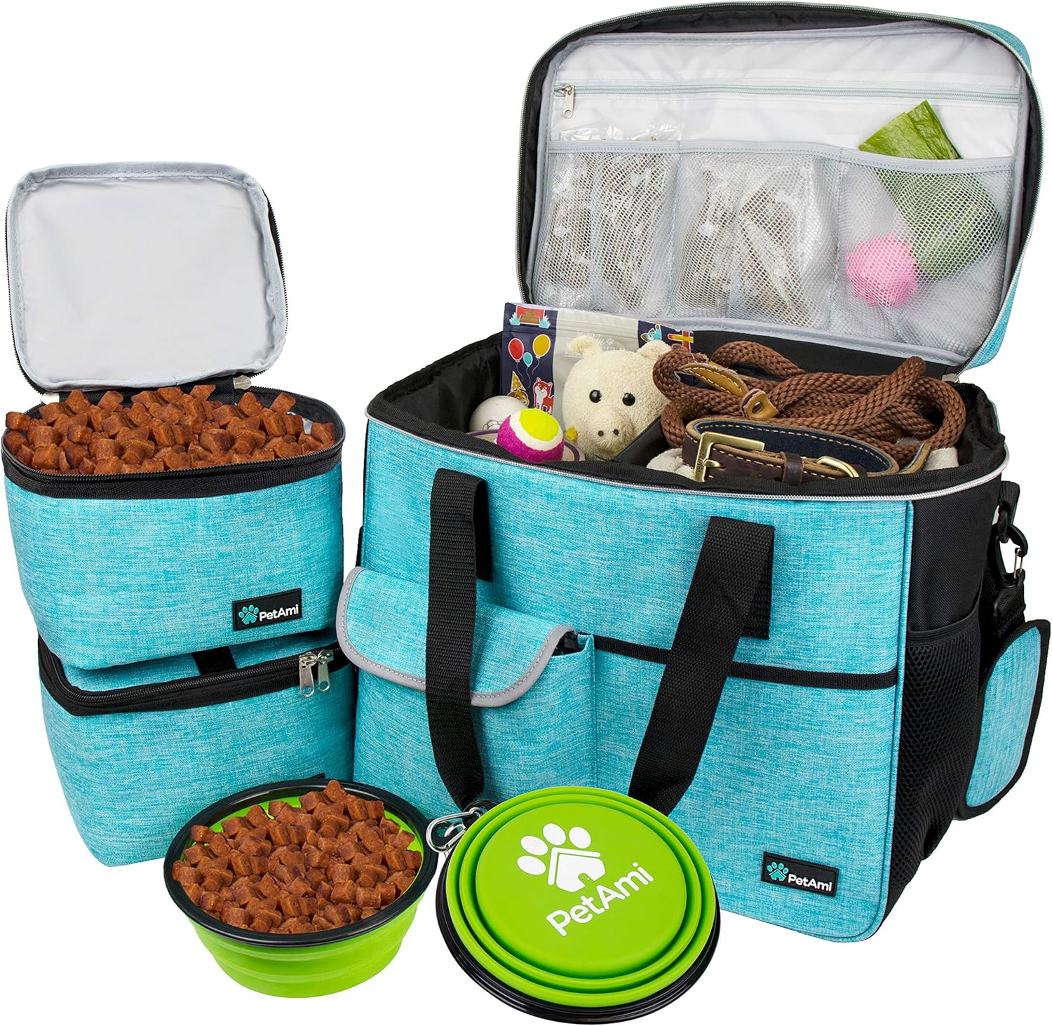 Dog Travel Bag Organizer, Pet Supplies Diaper Tote, Teal Blue Medium | Pet Travel Kit with 2 Food Containers & 2 Collapsible Dog Bowls, Luggage Sleeve, Weekend Getaway Road Trip Camping Essentials - view 2