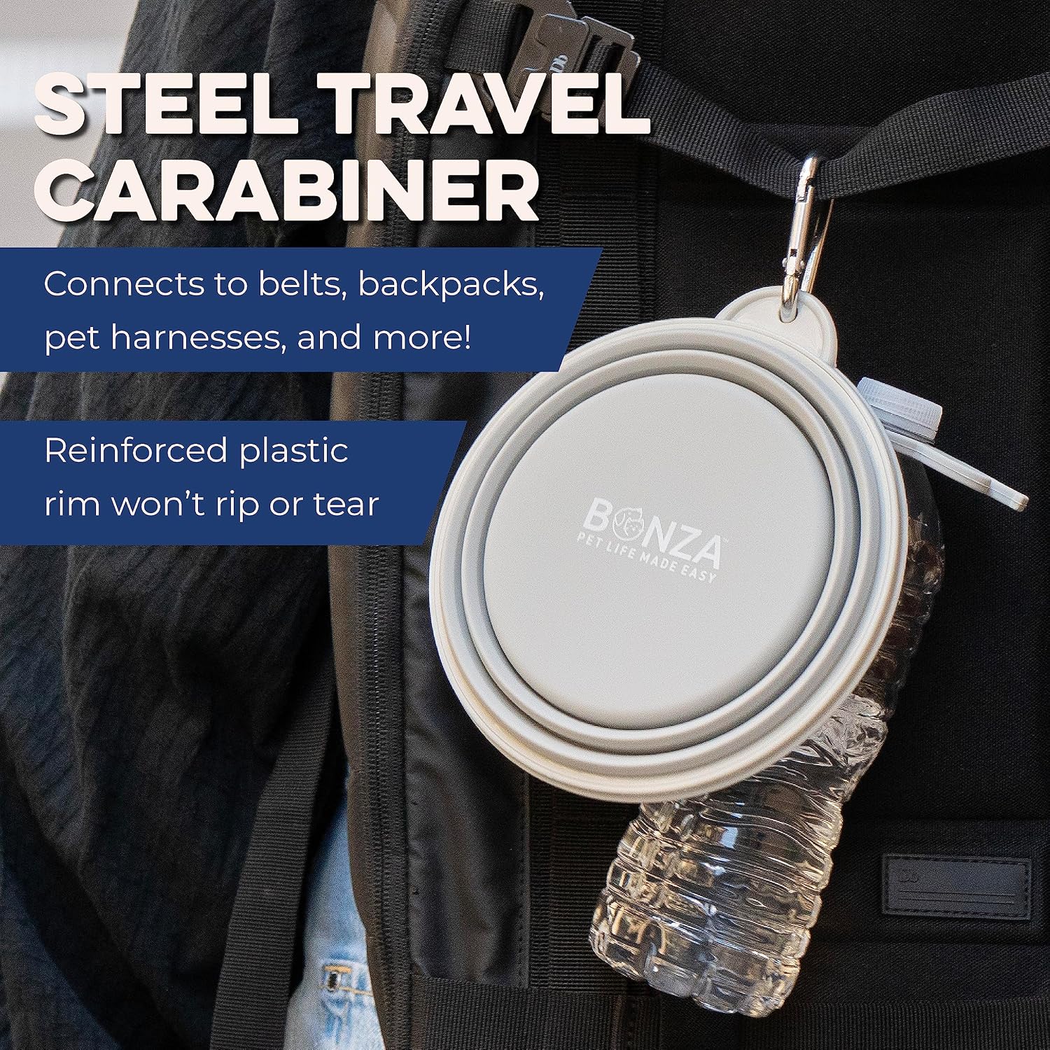 Collapsible Dog Water Bowl - BPA-Free Silicone Dog Dish - Reinforced Rim Collapsible Bowl - Carabiner Clip Travel Dishes for Pets - for Hiking, Camping & Car Trips - Large 33 Oz, Navy Blue - view 4