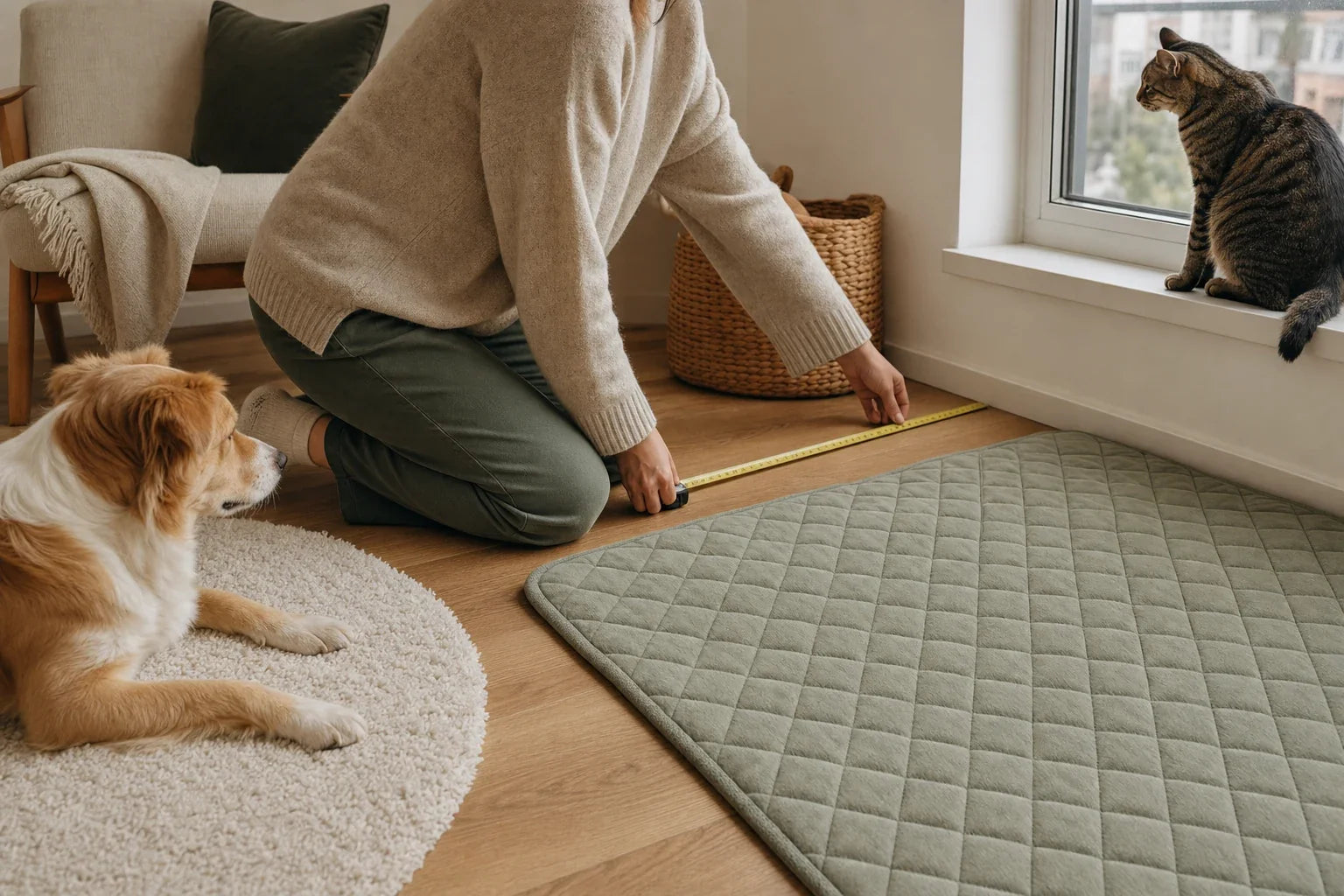 A person measures a quiet window-side space while a dog and cat wait nearby.