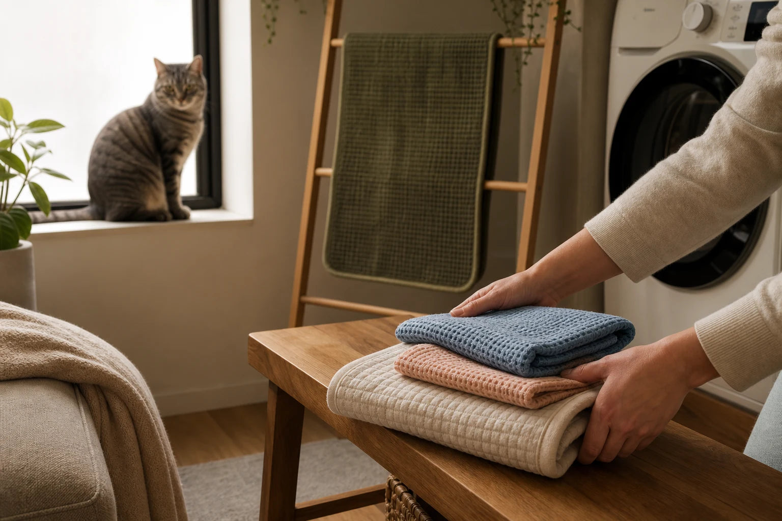 Hands folding clean pet textiles while a cat watches from a nearby window