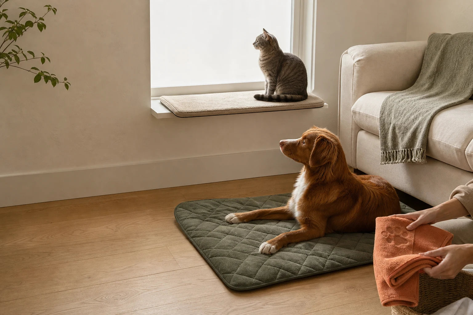 Dog and cat using two washable Nuzzle Folk surfaces in a warm shared living room